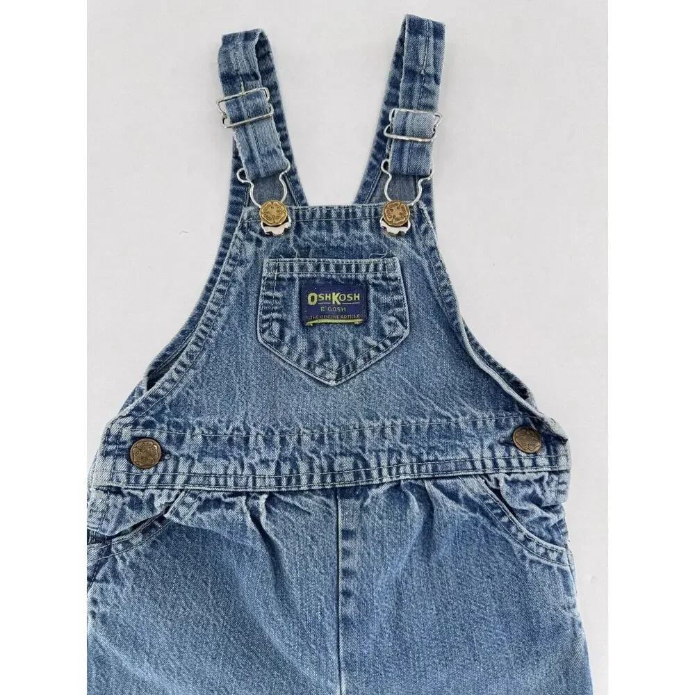 Vtg Oshkosh Overalls Vestback Sz 12m Denim Snap Blue Pockets